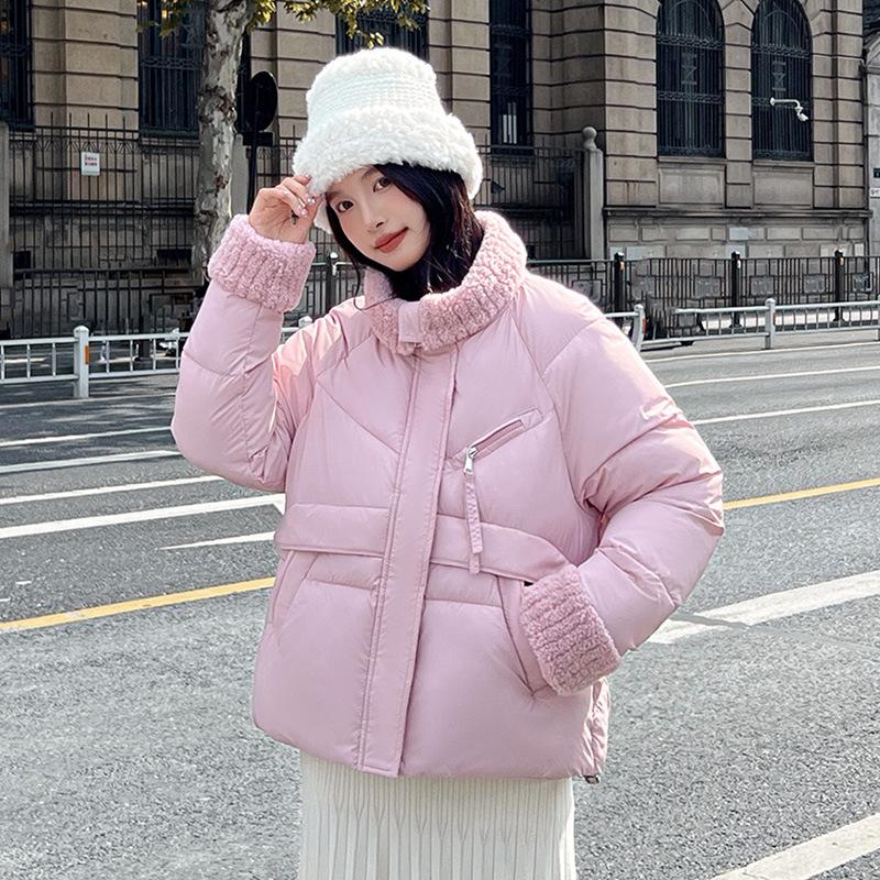 

Пуховик женский короткий с лацканами новый однотонный хлопковый пуховик маленьким людям показывает рост и худобу хлеб XXL розовый