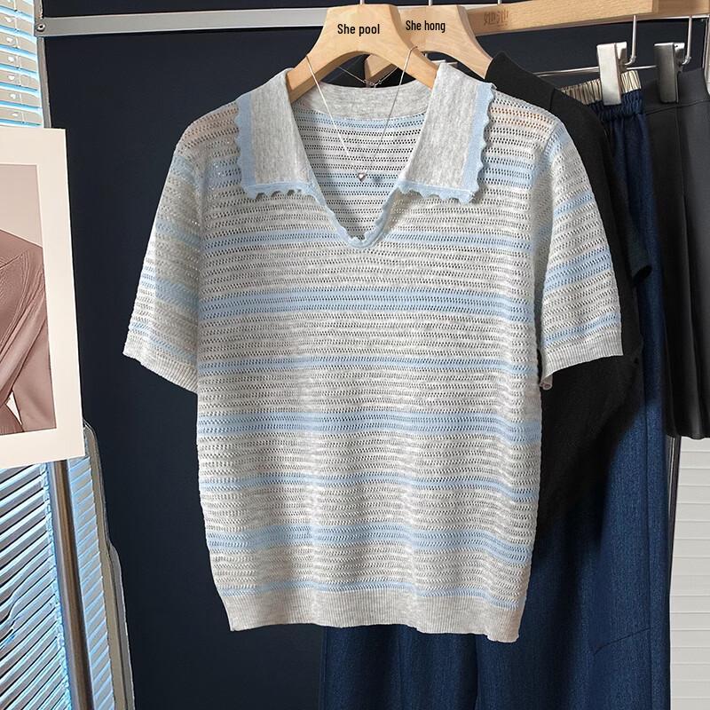 Women's Striped Ice Silk Linen Blend Polo T-Shirt