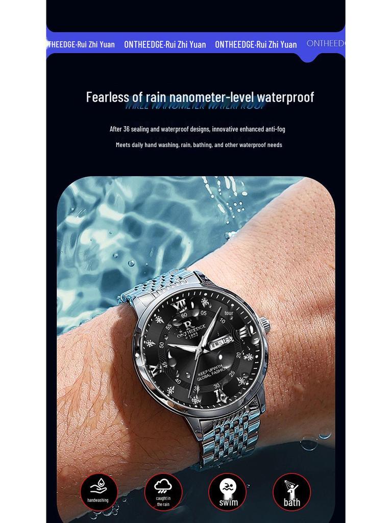 Luminous Waterproof Ultra-Thin Men's Quartz Watch with Double Calendar