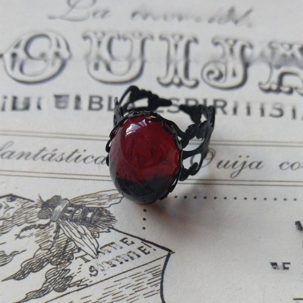 Gothic Black Hollow Out Metal Red Black Glass Crystal Adjustable Opening Wide Rings for Women Men Retro Finger Jewelry Accessory