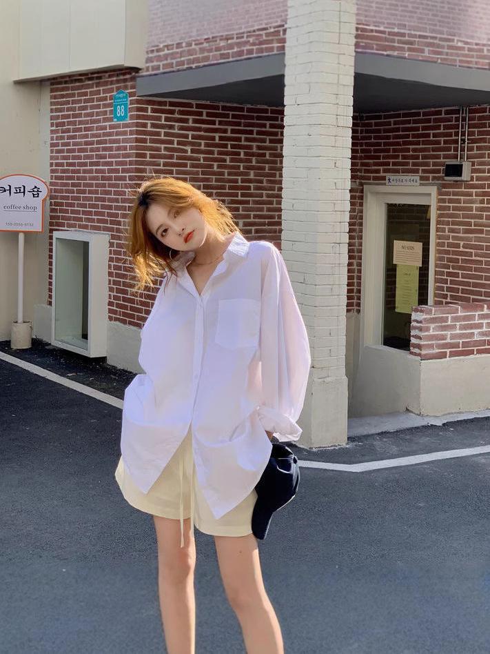 Women's Mid-Length Designer White Shirt Jacket, Thin Long-Sleeve, Loose Korean Style for Spring and Autumn