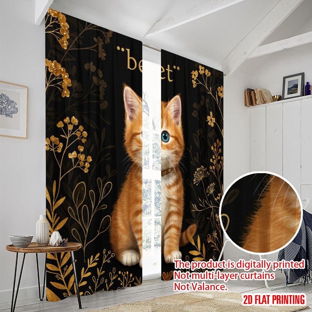 2pcs 2D Flat Printing Drapes Orange Tabby Kitten Floral Polyester Without Electricity Party Decorations Use for Decorations