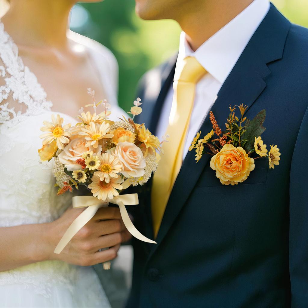 8PCS Yellow Artificial Wedding Flowers Set Bridal Bouquet Boutonnieres Corsage for Wedding Ceremony Anniversary Prom Decor