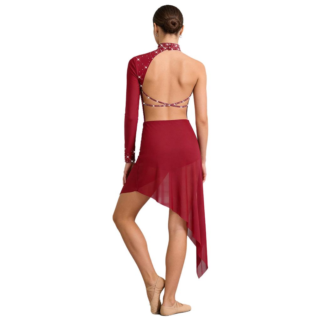 Body Vestito da Danza Lirica da Donna con Strass Manica Lunga Singola Orlo Irregolare in Rete
