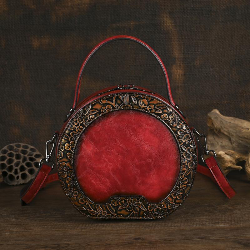 

Женская кожаная сумка Johnature Circular Retro с тиснением вручную, универсальные сумки через плечо красный