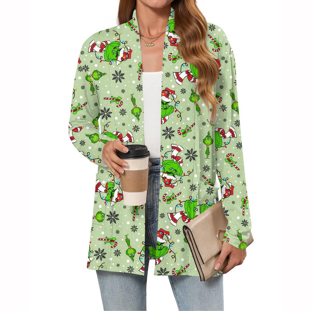 Women's Christmas Printed Lightweight Cardigan Long Sleeved Casual Loose Thin Fit With Pockets Cardigan Jacket