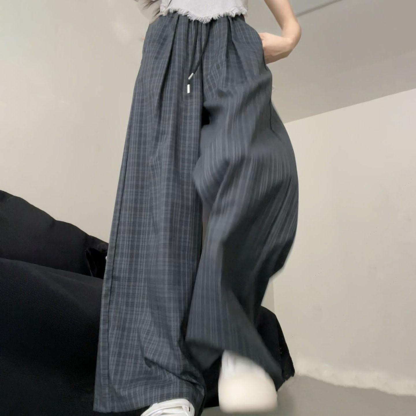 

Драпирующиеся брюки в клетку прямого кроя с высокой посадкой для женщин на весну/лето - Повседневные широкие брюки 2XL