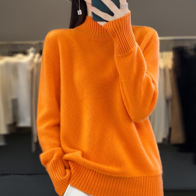 Women's Pure Wool Loose Knit Pullover - Long Sleeve, Half-High Collar, Solid Color Sweater Top