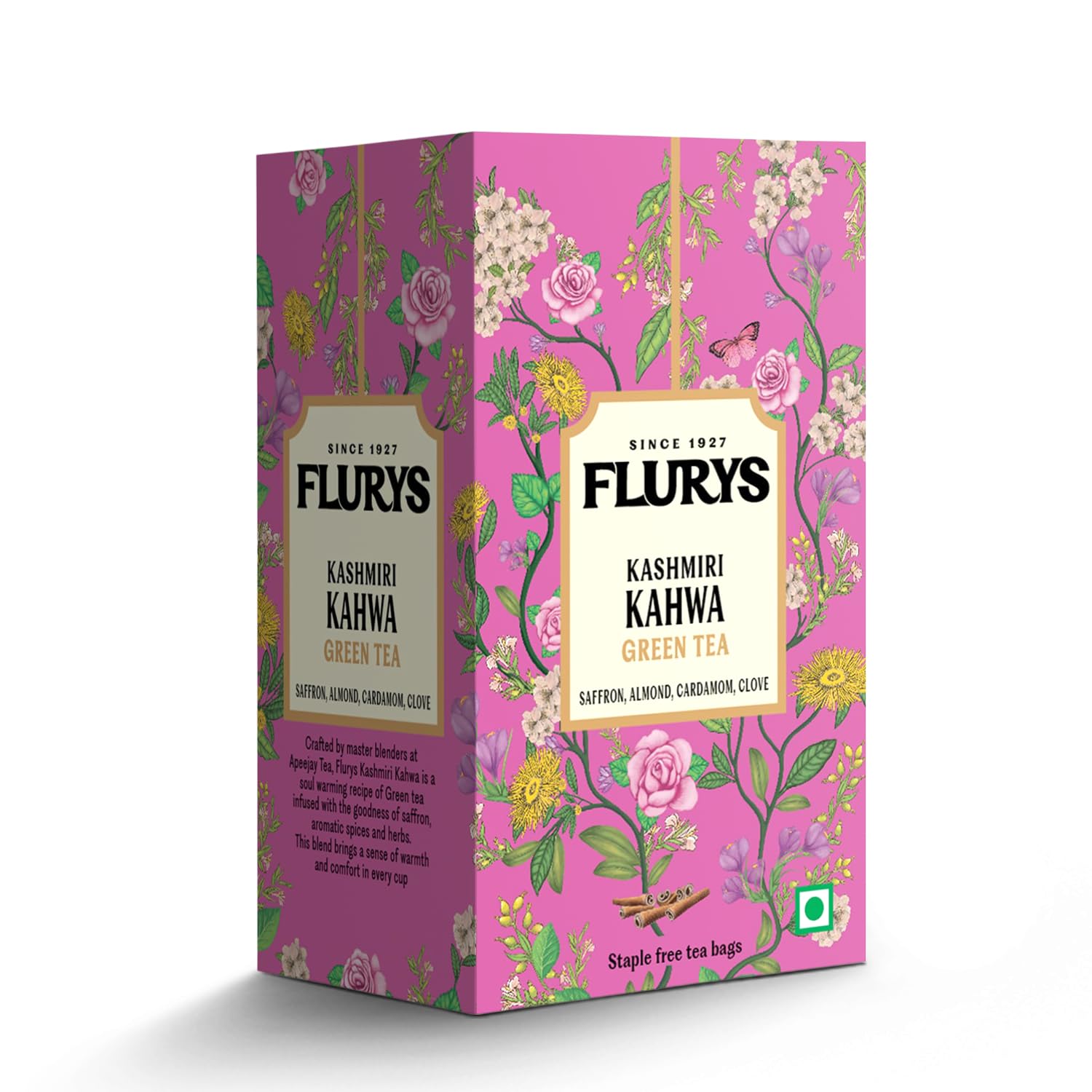 Flurys Kashmiri Kahwa - Premium Green Tea with Saffron, Almonds, Cardamom & Spices | Traditional Blend | 25 Teabags