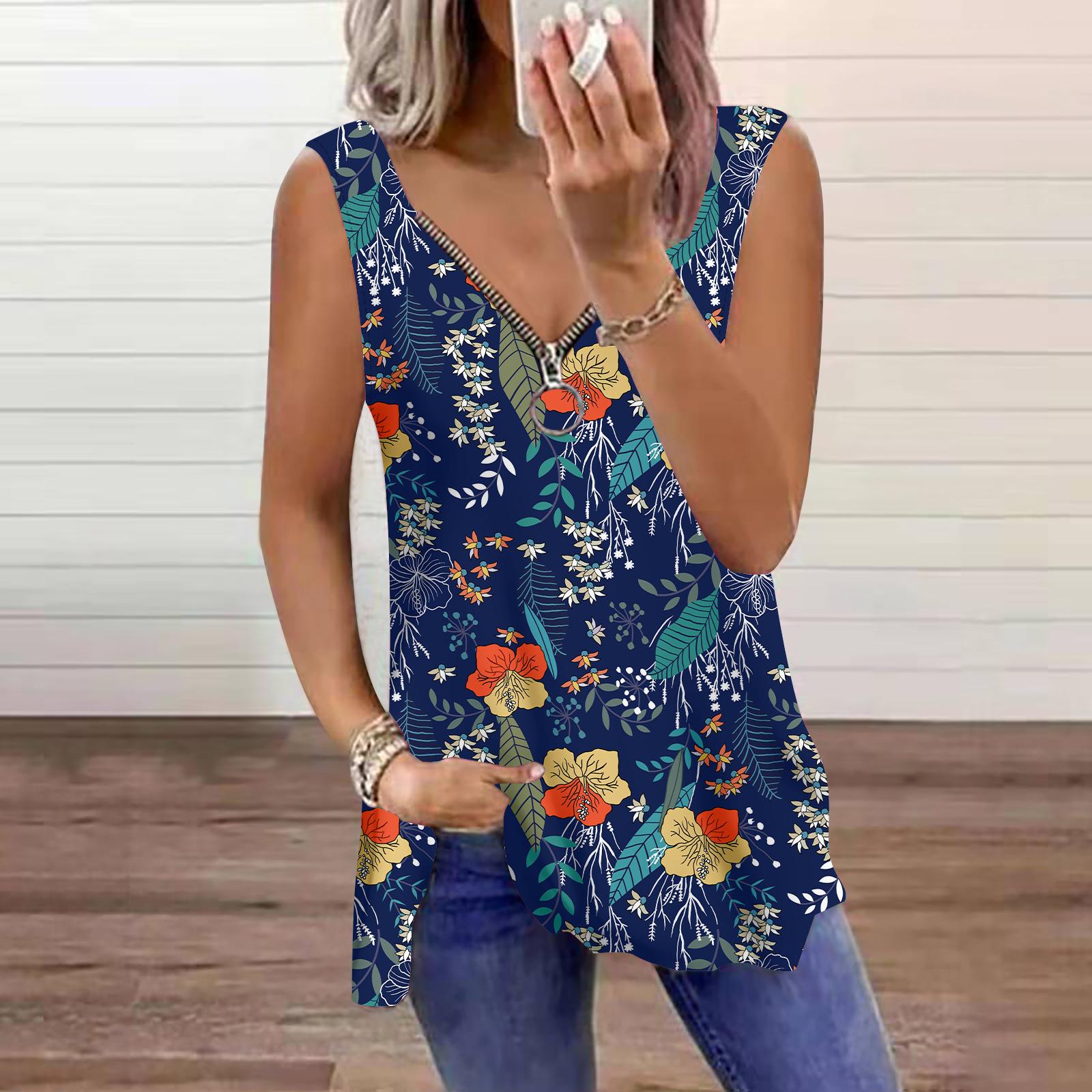 

Женский топ, летний, с принтом цветов и растений, повседневный, большого размера, без рукавов, на молнии, с V-образным вырезом, майка 8XL темно-синий