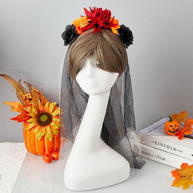 Delicate Rose HairBand Black Headdress Mysterious Rose Hairband with Black Headdress for Halloween Parties Costume