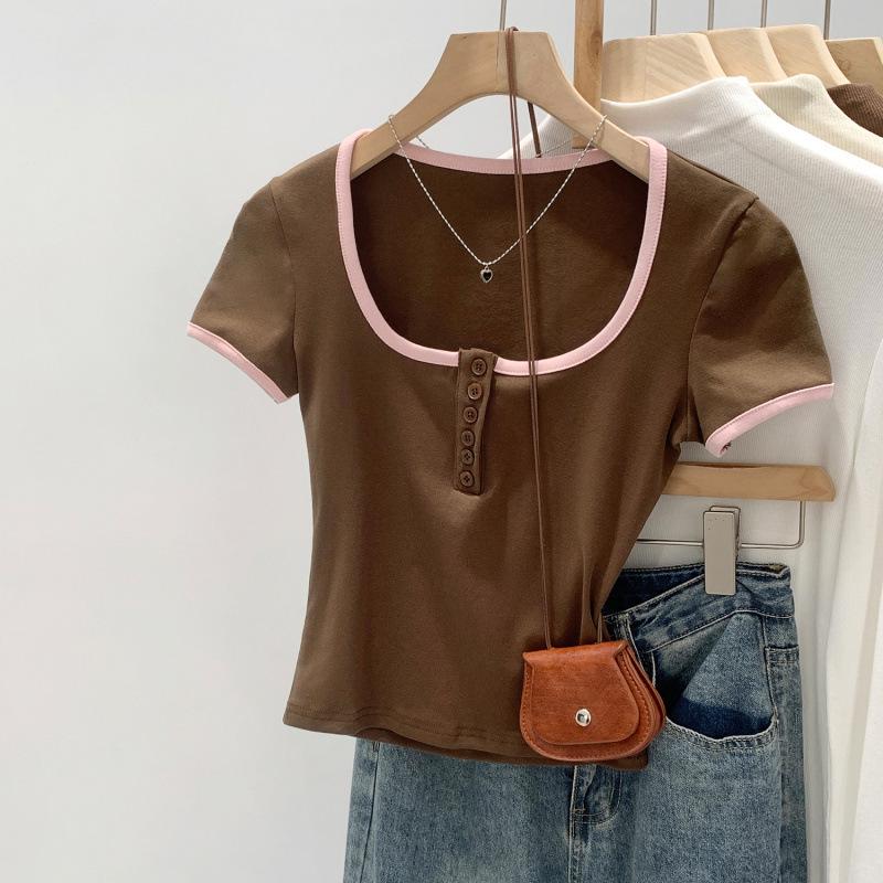 Women's Contrast Square Neck Short Sleeve Cropped T-shirt, Summer 2026 Style, Petite, Slimming, Pure Desire