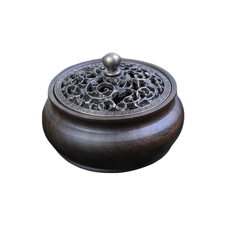 Räuchergefäß aus Ebenholz, Zuhause, Innenbereich, Spulen-Räuchergefäß, Retro-Zen-Rückfluss-Räuchergefäß, reiner Kupferdeckel, Holz-Räuchergefäß