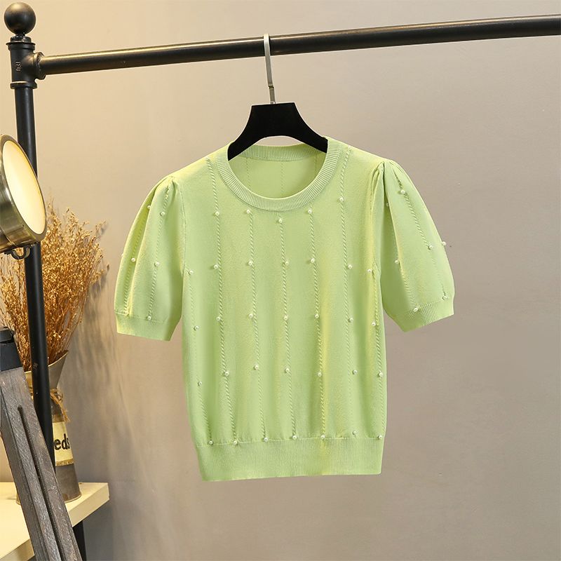 

Тонкая футболка из ледяного шелка с бисером, круглый вырез, облегающий свитер Avocado green(YW-8461) M