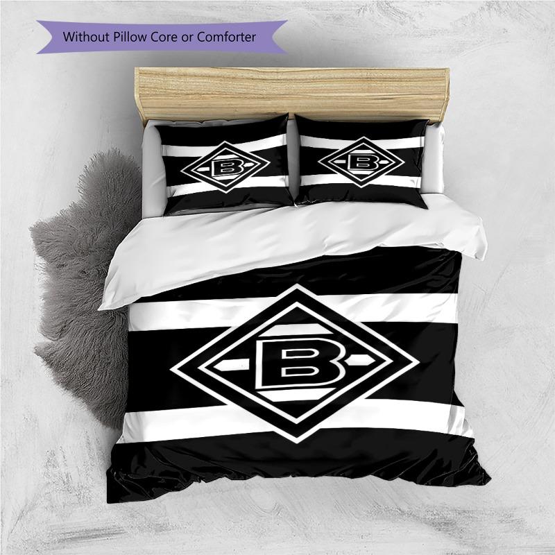 Gladbach Club Logo Black White Horizontal Stripe Print 3 Pieces Duvet Cover Set Soccer Fan Bedding Bedroom Home Decor Without Pillow Core
