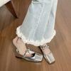 Rhinestone Silver Square Toe Pumps Women's Flat Soles with Skirt Mary Jane Shoes