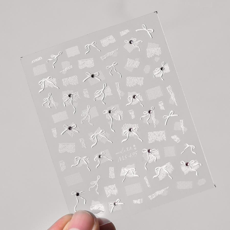 Tomoni 3D Embossed Lace & Ribbon Nail Stickers with Pearl Bow Decals