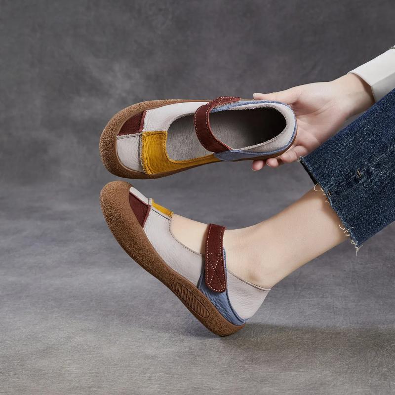 Johnature Genuine Leather Mixed Colors Soft Soled Women's Shoes Retro Round Toe Shallow Flat Shoes