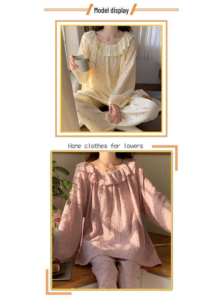 Ladies' Cartoon Pajama Set: Cotton Gauze, Long Sleeve & Pants, Thin Cardigan, Spring/Autumn Style.