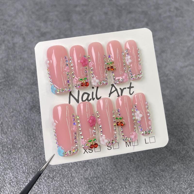 10Pcs Handmade Fake Nails Nude Pink Color Press On Nails Shiny Diamond Flower Designs Full Cover Reusable Nail for Girls&Women