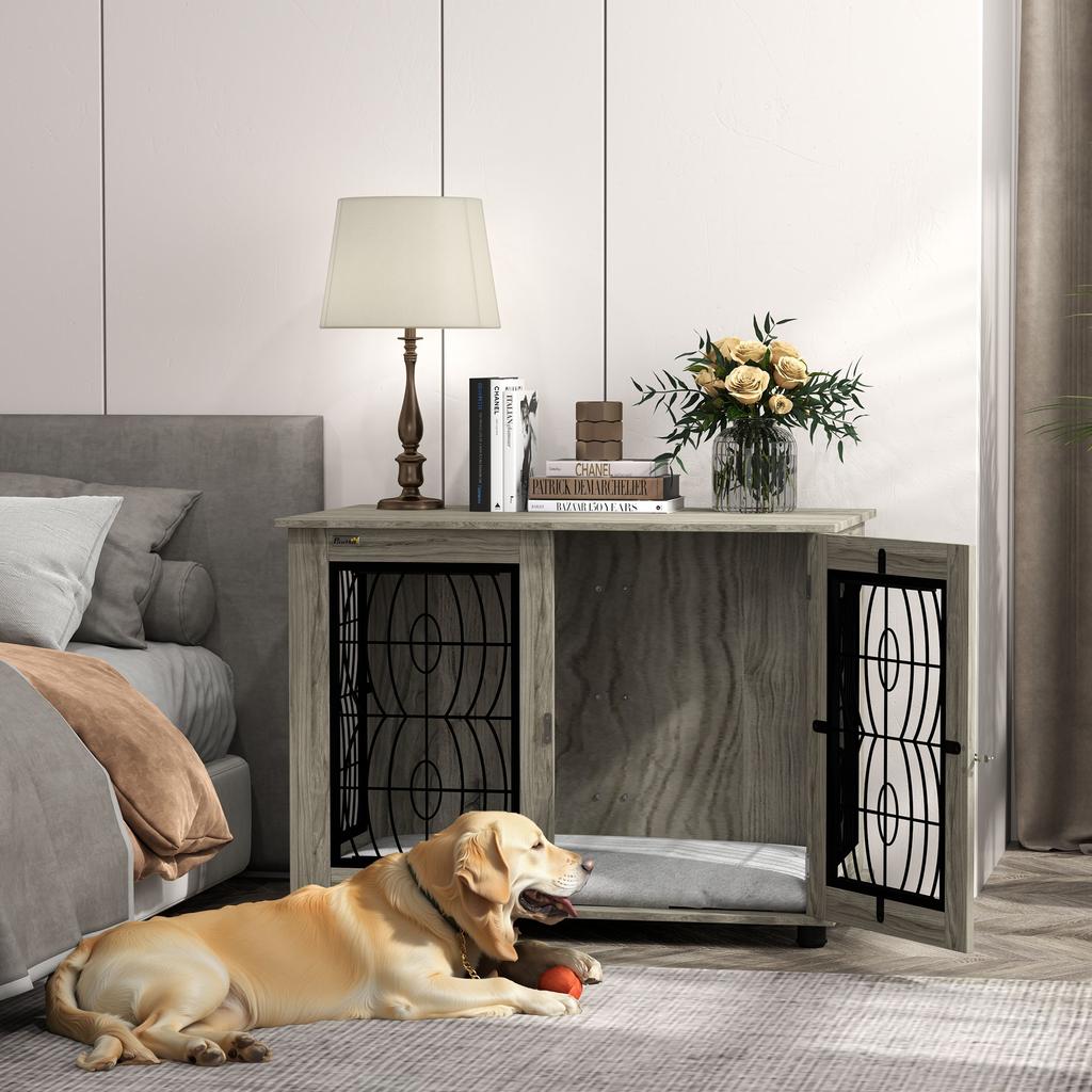 Indoor Dog Crate Furniture End Table with Soft Washable Cushion, Lockable Front Door, for Large Dogs - Grey