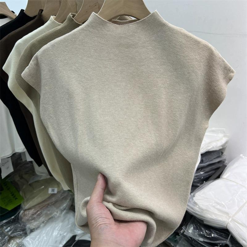 

Женский облегающий трикотажный свитер с рукавами-крылышками - Полувысокая горловина, без рукавов, Весна 2025 One Size