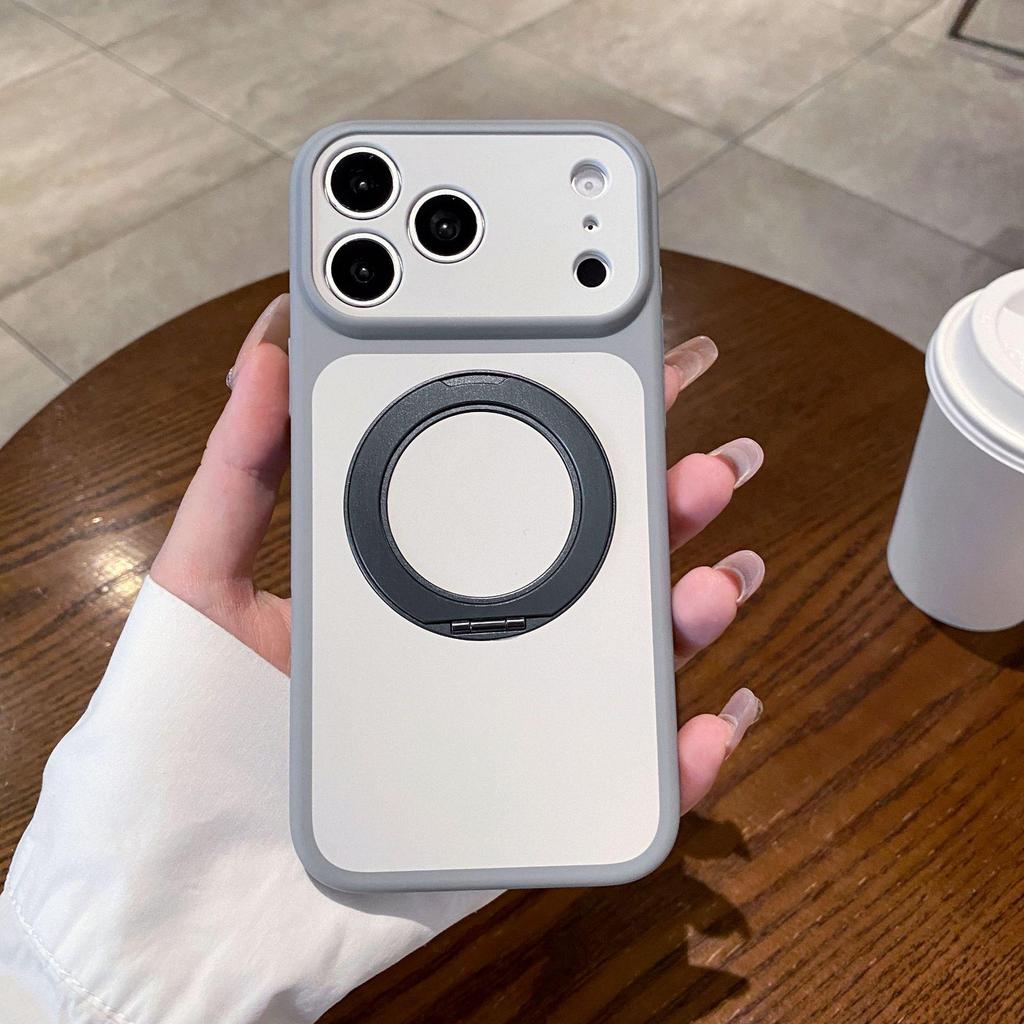 Compatible with Apple 17Promax: Color-blocking Skin-Feel Phone Case with Rotating Magnetic Bracket, Fits 16PM, 15Promax Protective Cover.