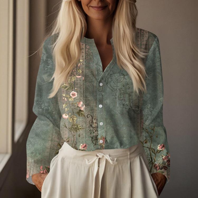 Boho Vintage Damen Lockerer V-Ausschnitt Langarm Baumwolle Leinen Bluse T-Shirt Top