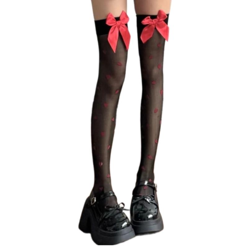 Women Bowknots Heart Thigh High Stockings Over the Knee Socks Sheer Nylon Stockings Valentine's Day Gifts