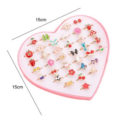 36pcs/set Cute Adjustable Rings Children Girls Pretend Play Makeup Toys Cartoon Crystal Jewelry Alloy Animal Enamel Ring TMZ