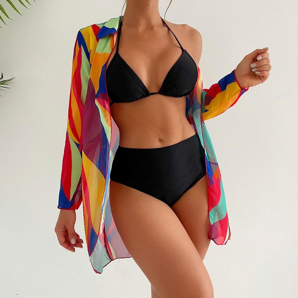 

Бикини из трех частей с длинными рукавами, солнцезащитная сетчатая блузка, сексуальное бикини XL