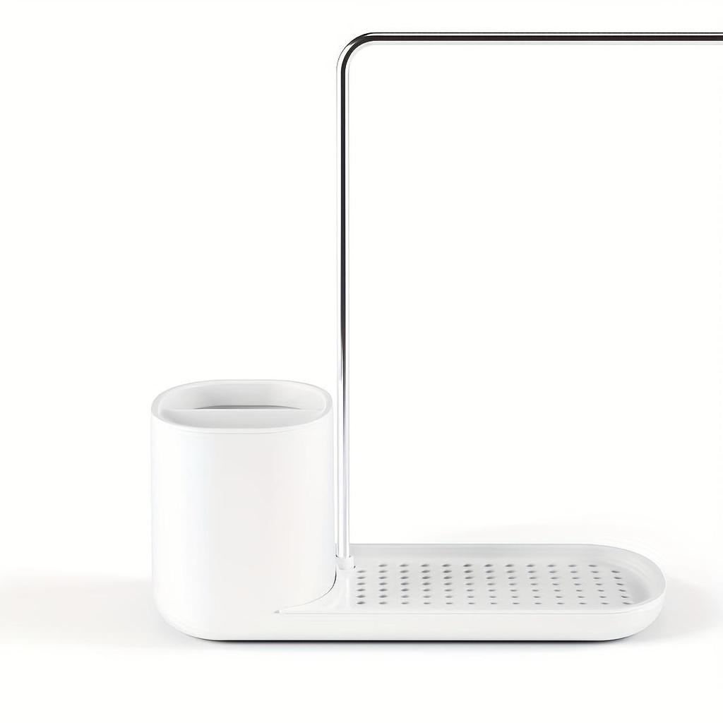 1ks Kompaktní kuchyňský organizér 2 v 1 s manuálním dávkovačem mýdla a držákem na utěrky z nerezové oceli - Elegantní bílé úložné řešení na pracovní desku