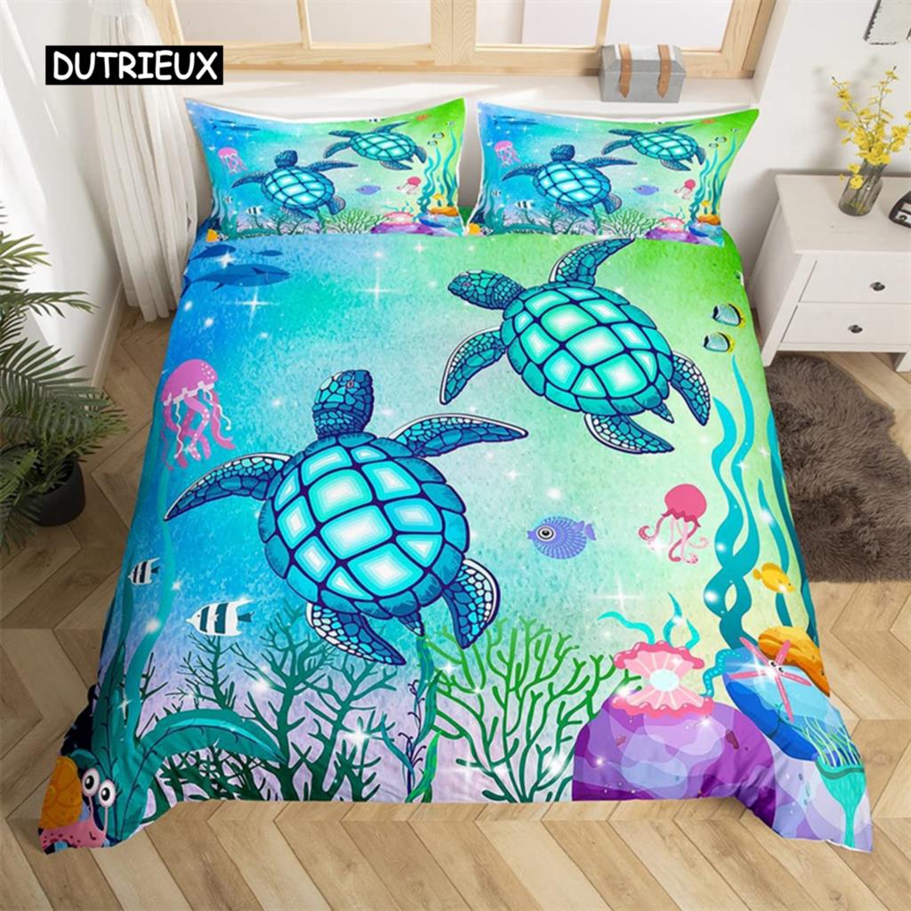 Sea Turtle Duvet Cover Sea Turtle Jellyfish Coral Reef Bedding Set Microfiber Blue Ocean Underwater World Queen King Quilt Cover