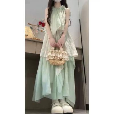 Summer French New Sweet Wind Sleeveless Neck Skirt Temperament Thin Lace Splicing Flower Dress Long Dress Women