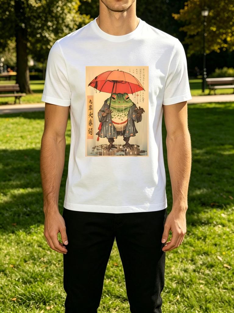 Classic Ukiyo E Rain Frog With Red Umbrella Retro Art Unisexs Crew Neck Short Sleeve Tee Casual Street Daily Soft Basic Wear Top