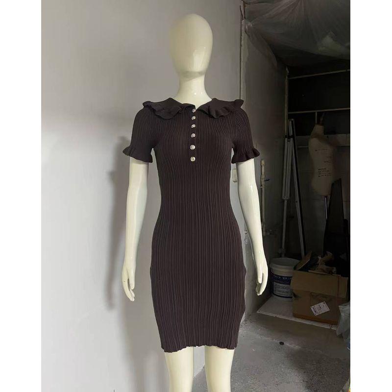 

New French style Frill Doll Collar Knitted dress Lotus Leaf Edge Knitted Dress Coffee L