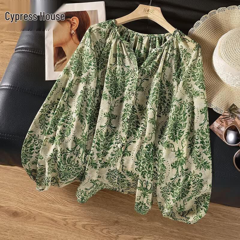 

Women s V-Neck Floral Print Lantern Sleeve Blouse One Size