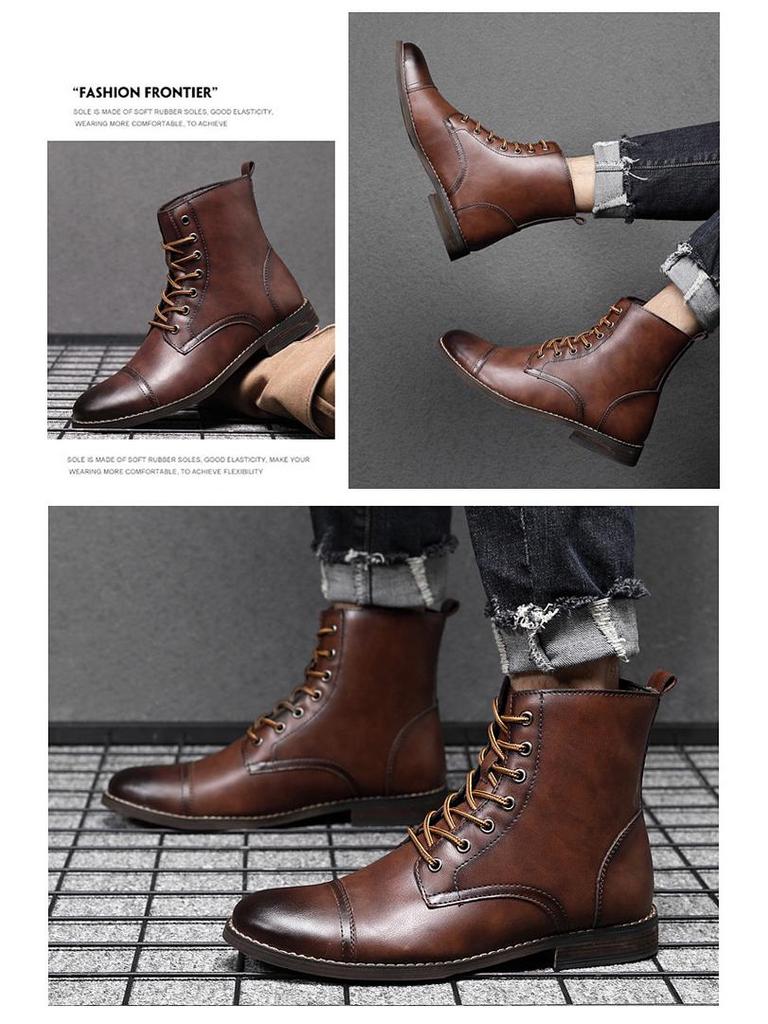 Men's Korean Style Retro Leather High-Top Martin Boots - Autumn Plus Velvet, Large Size, Work and Cotton Options Available.