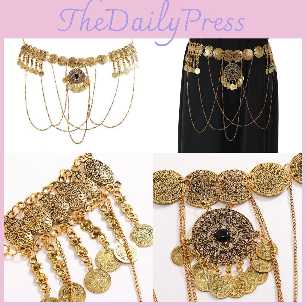 European Style Metal Waist Belt For Ladies With Antique Gold Finish And Tassel Detailing For Summer Outfits