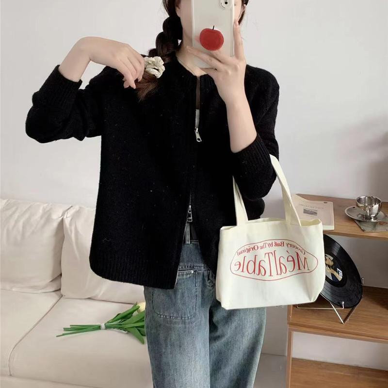 Double Zipper Autumn and Winter Knitted Cardigan Women's Lazy Soft Waxy Crew Neck Knitted Sweater New Long-sleeved Sweater Jacket Women