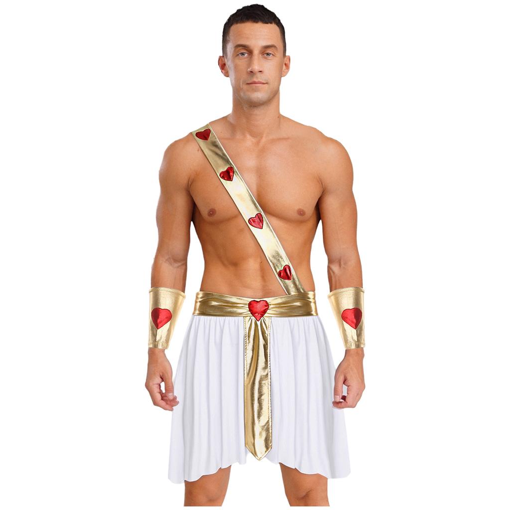 Mens Love God Costume Elastic Waist Contrast Color Heart Design Asymmetrical Skirt Metallic Sash Cuffs Set