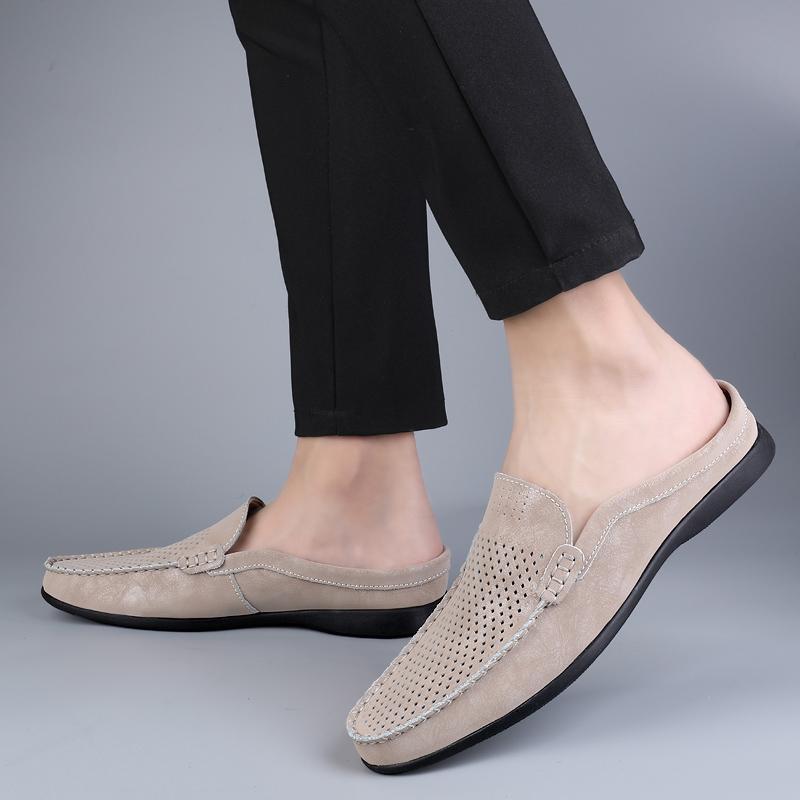 Fashion Summer Breathable Shoes Men Fashion Genuine Leather Half Shoes Slip on Moccasins Casual Italian Style Luxury Brand Half Loafers