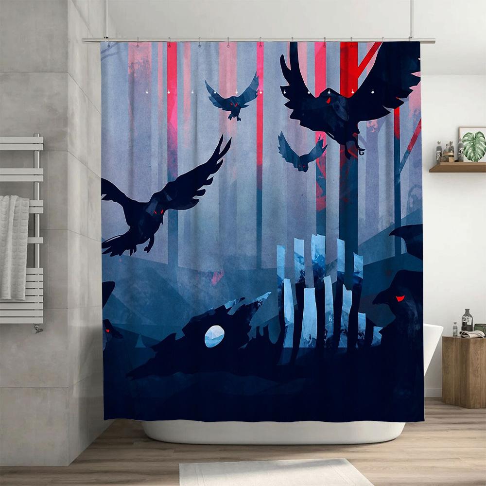 Gothic Raven Shower Curtain Dark Forest Halloween Decor Spooky Birds Washable Bathroom Set Vintage Horror Landscape Wall Art