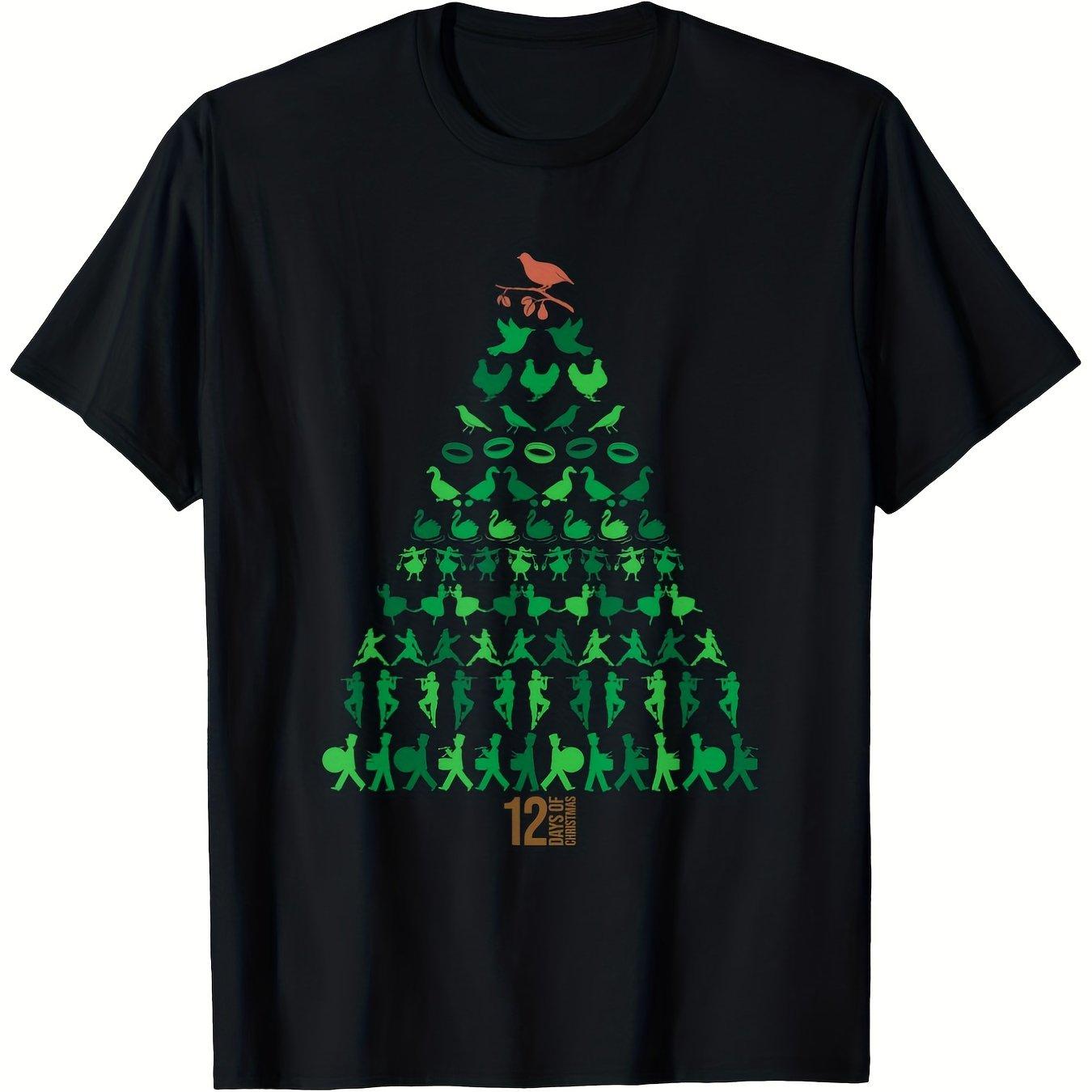 12 Days of Christmas Tree Graphic Tee Mens Cotton Crew Neck Casual Short Sleeve TShirt S