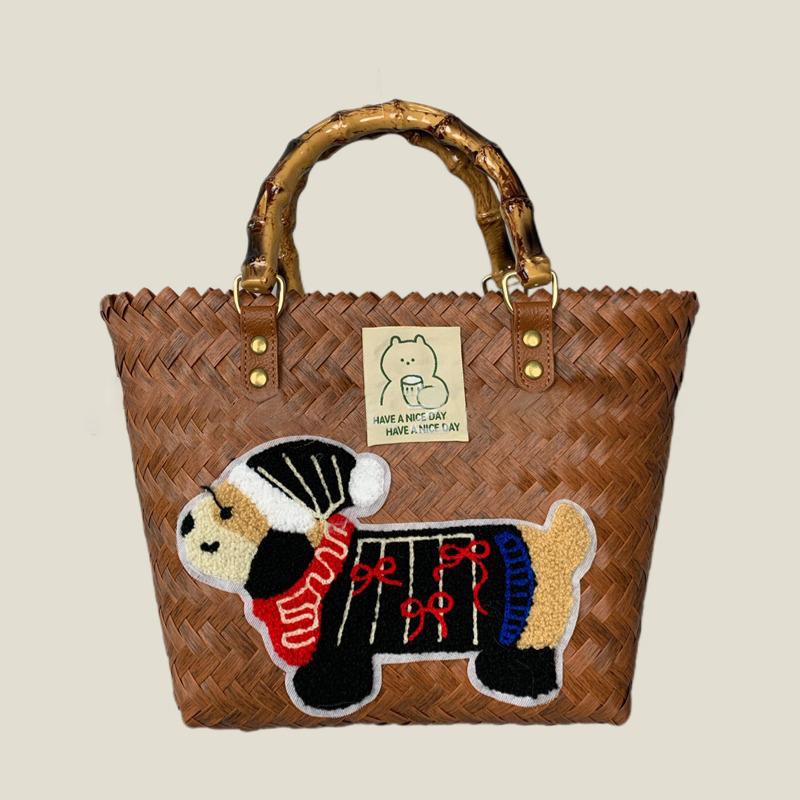 Retro Striped Dachshund Dog Woven Bag Trendy Cute Handbag Large Capacity Tote Bag  Bamboo Handle Vegetable Basket Bag