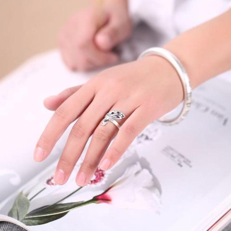 Vintage Silver Pleated Engraved Peacock Women Open Ring Finger Jewelry Gift