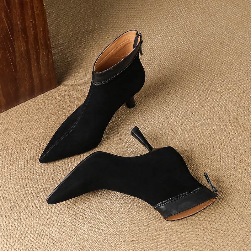 Krazing Pot Sheep Suede Autumn Winter Shoes Stiletto Thin High Heels Big Size 40 Modern Boots Pointed Toe Keep Warm Zip Ankle Boots