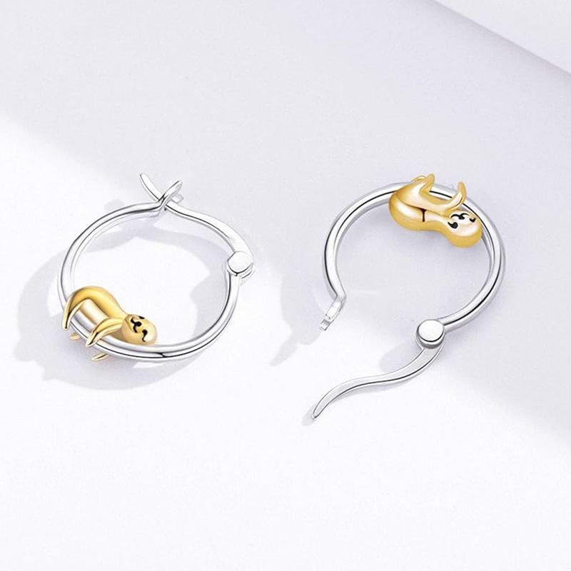 Bi-Color Plated Metal Hanging Sloth Shape Snap Closure Hoop Earrings Lovely Wildlife Animal Ladies Casual Accessories