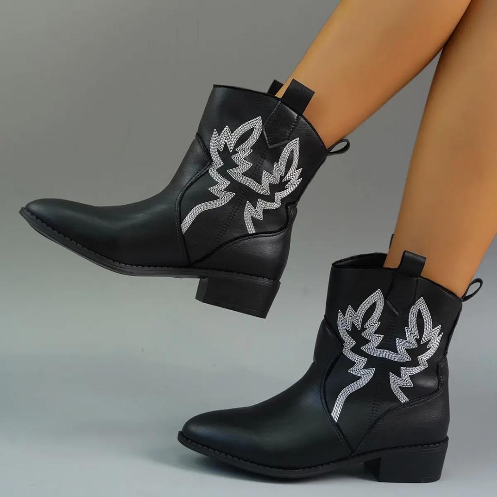 Støvler for kvinner i store størrelser 2024 Høst Nye Spisse Western Cowboy Korte Støvler Retro Mote Slip-on Firkantet Hæl Ankelstøvletter Dame