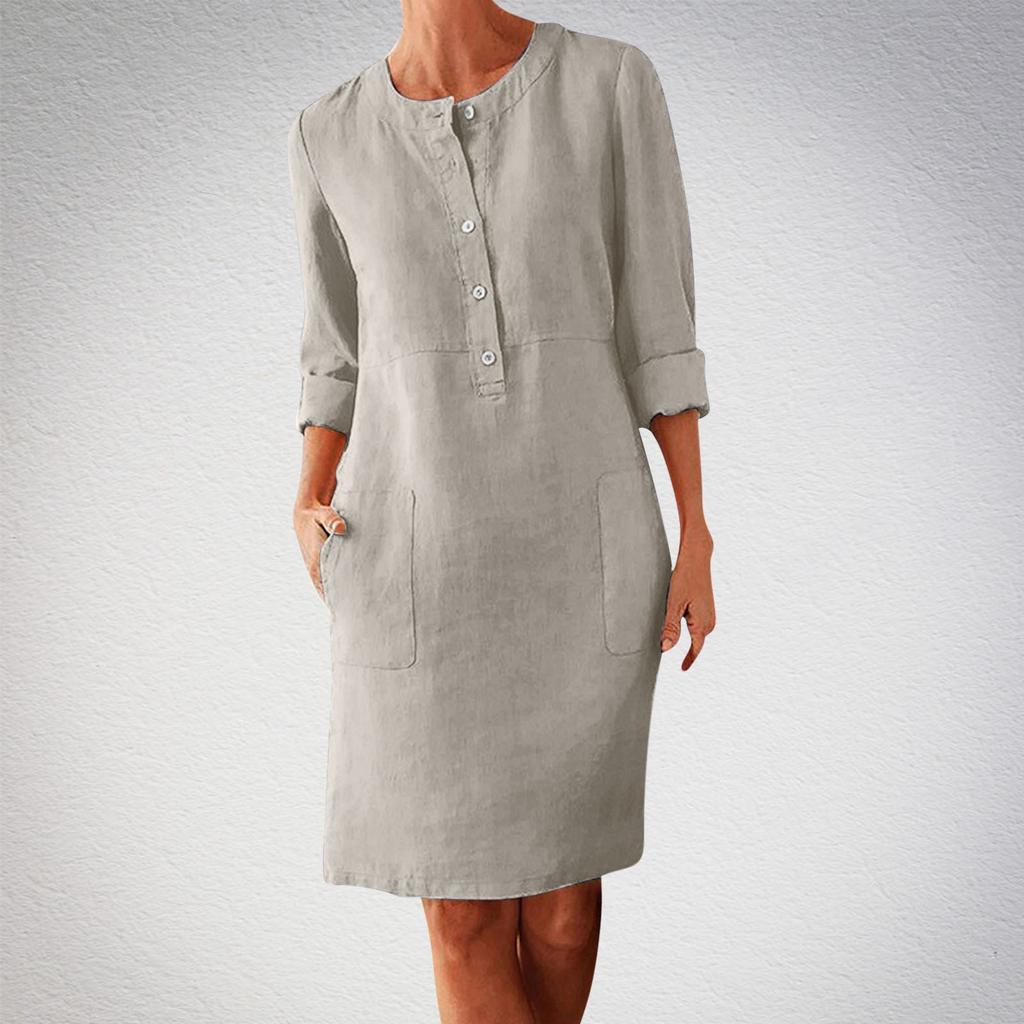 Large Size Women's Cotton and Linen Round Neck Long Sleeved Dress